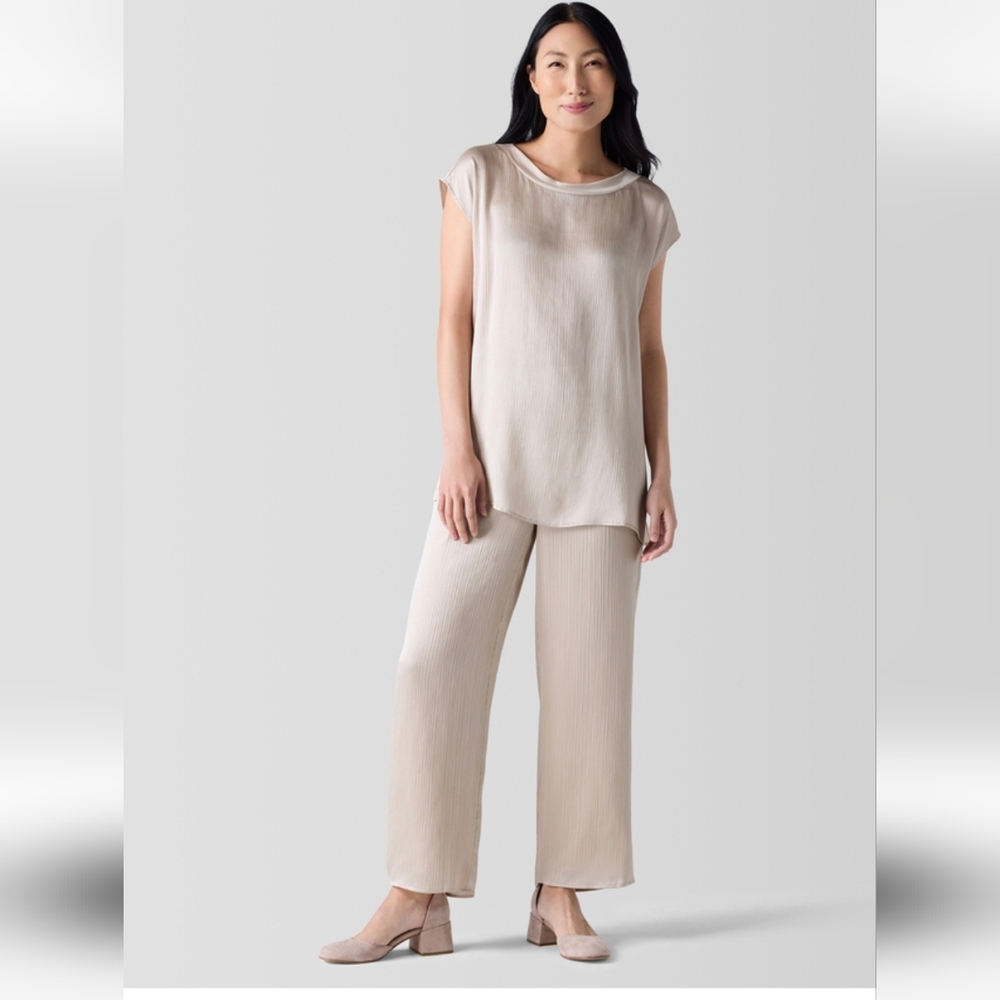 NWT Eileen Fisher Striated Silk Satin Straight Pant, Size M, Almond Color
